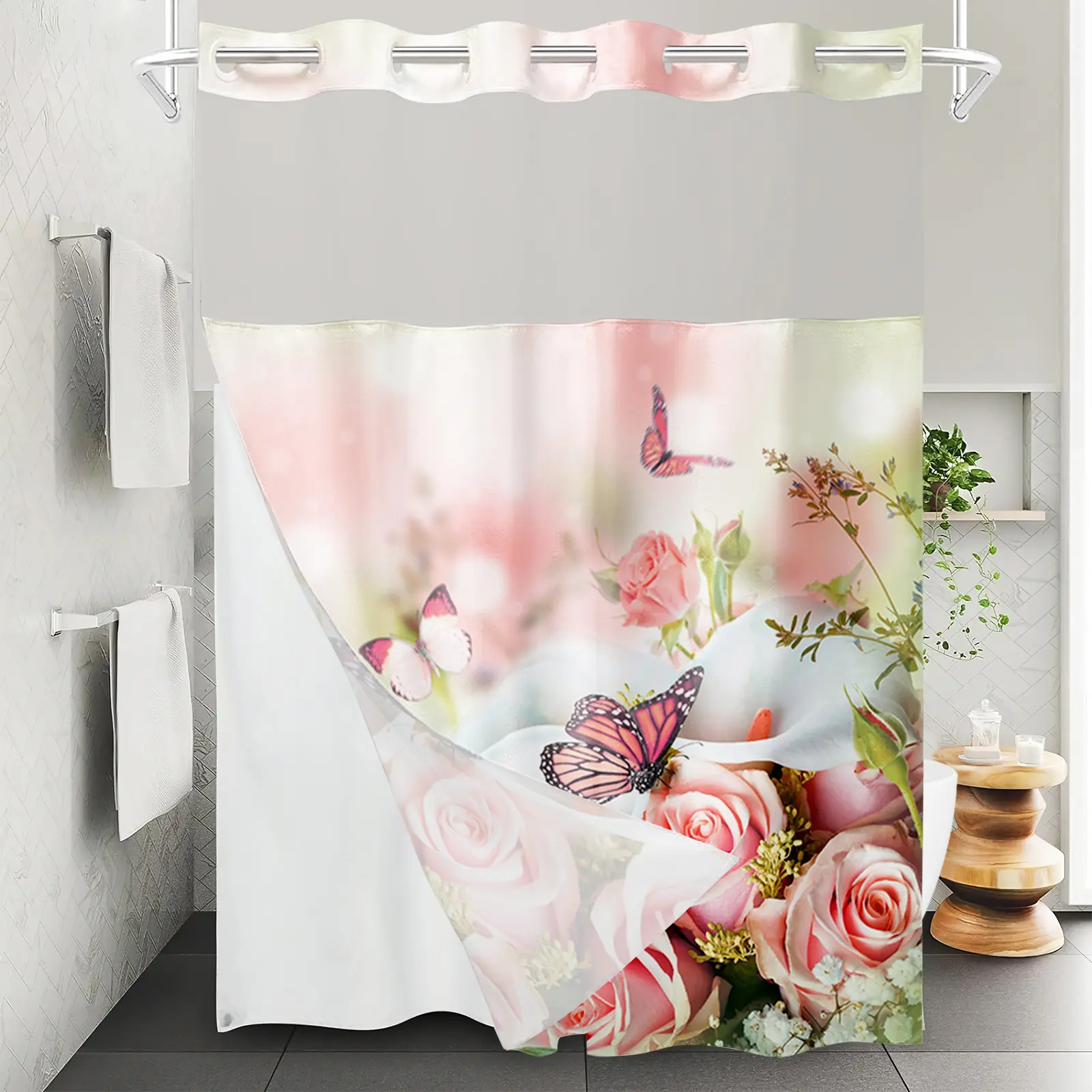 Modern Hookless Bathroom Curtains Shower Set - Straight Design with Snap Buttons, 3D Digital Print Waterproof Polyester Panel, Embedded Liner, Bathroom Partition Hanging Solution