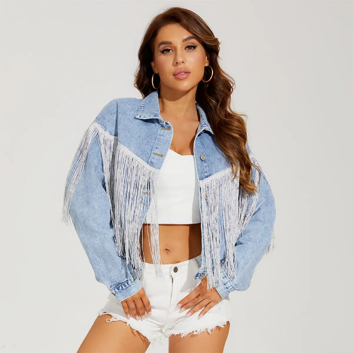 Kynne Fringe Patchwork Decor Denim Jacket, Long Sleeves Single Breasted Button Lapel Denim Coat, Women's Denim Clothing - Perfect for Carnaval Music Festival