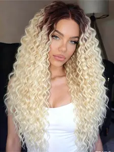 Blonde with Dark Root Curly Wavy Wig 13x4 Lace Front Wigs #613 Long Curly Synthetic Wigs Natrural Hairline Loose Curly  Lace Frontal Wigs Heat Resistant Fiber Daily 28 Inch