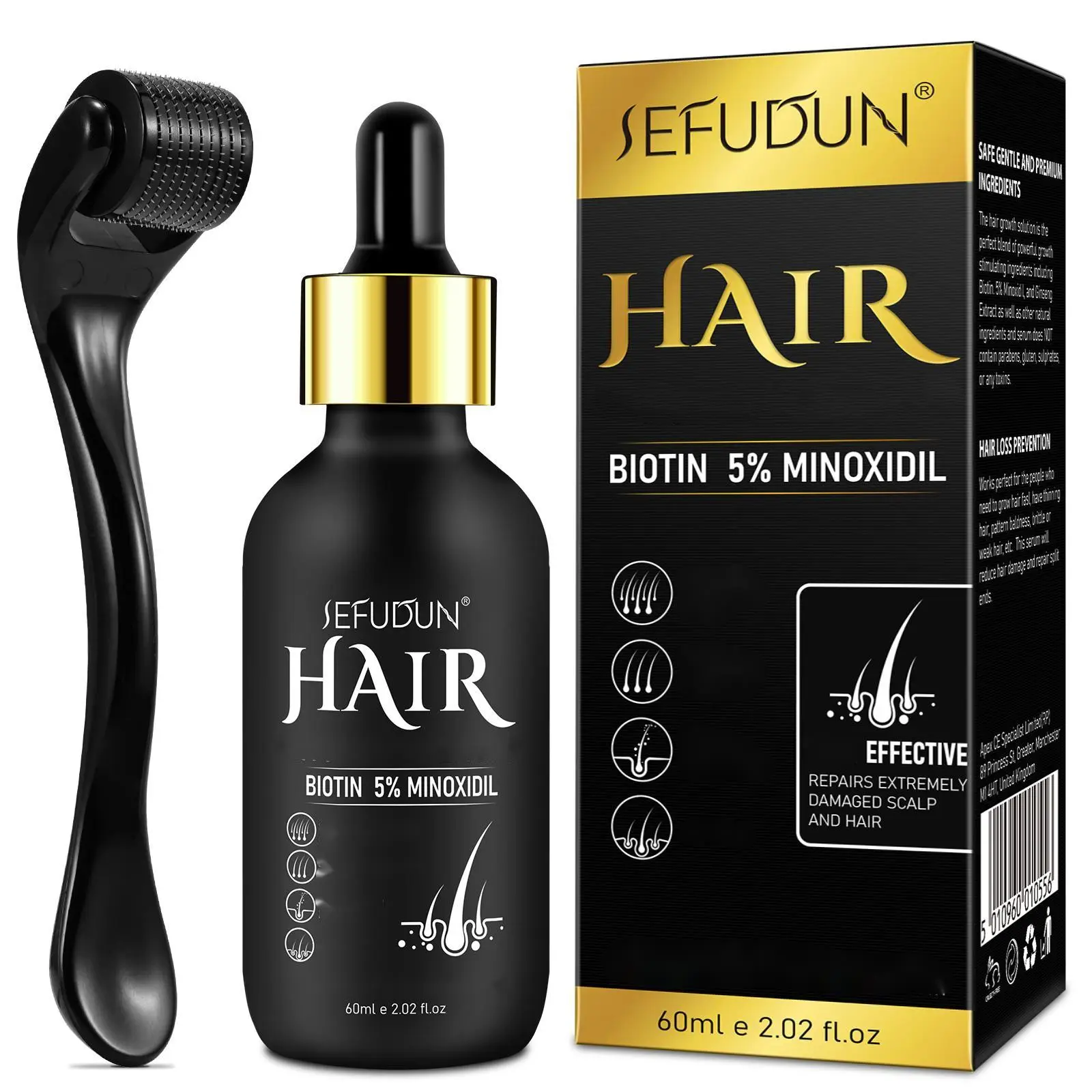 【Glass Bottle】Sefudun 5% Minoxidil Hair Serum with Micro Derma Roller Set(60ml), with Hair Spray minoxidil