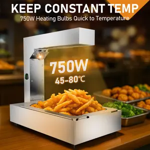 US Standard 110V 750W Food Warmer HT-620 Silver Stainless Steel Horizontal Electric Heating Station with 750W Heating Bulbs for Quick Temperature Rise