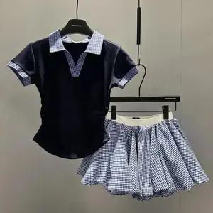 New Summer Constrast Color Plaid Turn Down Collar Slim Waist T Shirts All Match Korean High Street Loose Shorts Y2k 2 Piece Sets Womenswear Clothes