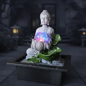 Tabletop Fountain Exquisite Smile Sitting Buddha Fountains Desk Water Fountain Decorative Zen Fountain W/Reflective Lighting Office And Home Decor