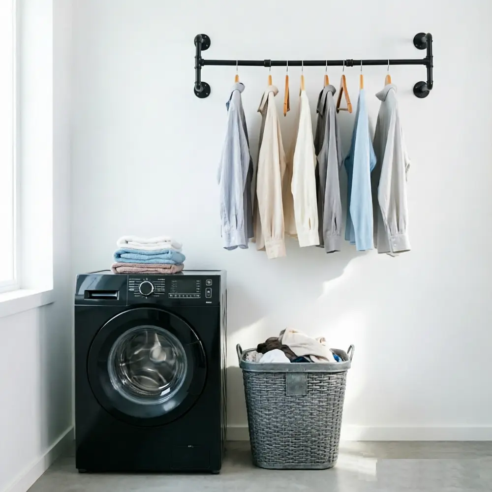 40-in Wall-Mounted Industrial Pipe Clothing Rack - Heavy-Duty Iron Drying Rack, 50-in Length, 120-lb Max Load, Space-Saving Closet Rod, Black Steel Laundry Accessories with Easy Installation