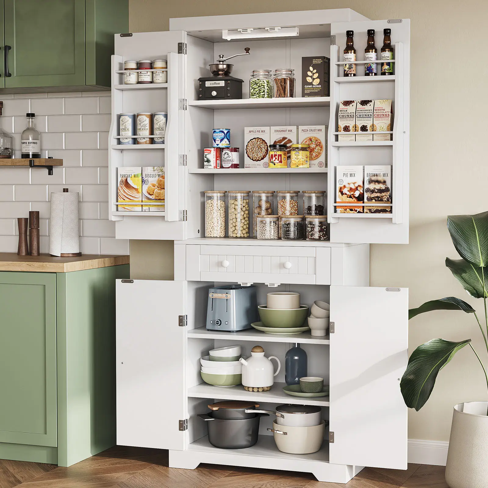 72" Tall Kitchen Pantry Storage Cabinet with Doors and Shelves, Food Pantry Cabinet with Motion Sensor Light