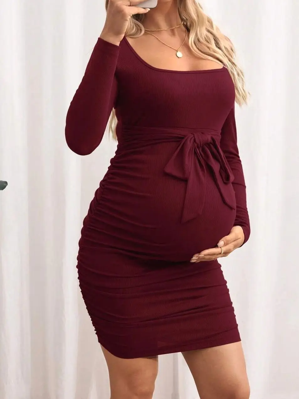 Maternity Maroon Ribbed Knit Midi Dress | Square Neck Long Sleeve | Casual Photoshoot & Autumn Wear