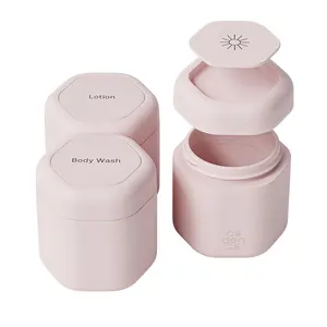 Travel Containers, Body Care Capsule Set, Magnetic Containers with Lids, Carry On Travel Essentials for Women/Men, 3 Flex Mediums (1.32oz), Body Wash, Lotion & Sun Icon Labels, Storage Bottles