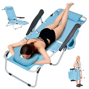 【SummerWins】Lilypelle  Beach Lounge Chair with Face Hole, Adjustable Folding 5-Position Reclining Tanning Chair with Pillow & Side Pocket, Portable Heavy Duty Chaise Lounge for Beach, Patio, Pool, Sunbathing,summerwins
