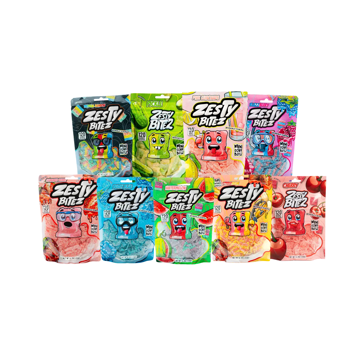 Zesty Bitez Sour Candy All Flavors Bundle – Vegan Fruity Mix with Strawnana, Berry Blue, Summer Berry & Tropical Rainbow, Blazzberry, Watermelon, Cherry, Pickle, Pink Lemonade