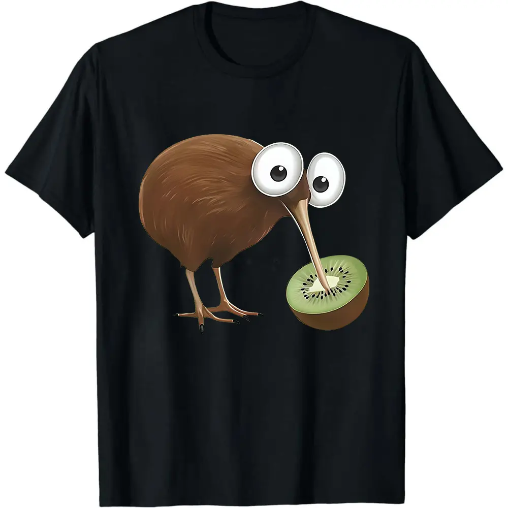 Ladies' Short-Sleeve T-Shirt Featuring a Whimsical Pun Print of Kiwi And Kiwi Bird, Perfect for Casual And Stylish Commuting in a Retro Autumn-Winter Vibe