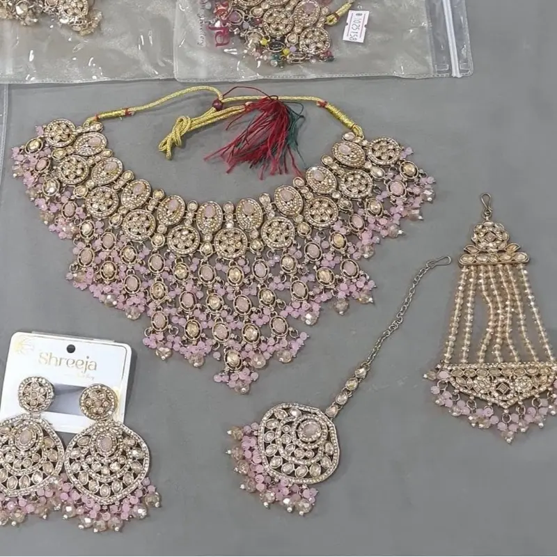 Premium Polki Heart-Shaped Pendant Necklace Set with Reverse Gold Stone Work, Necklace Chain, Earrings, Tikka, Heavy Passa - Luxury Packaging, Bridal Royal Wedding Jewelry, Valentine Gifts for Mom