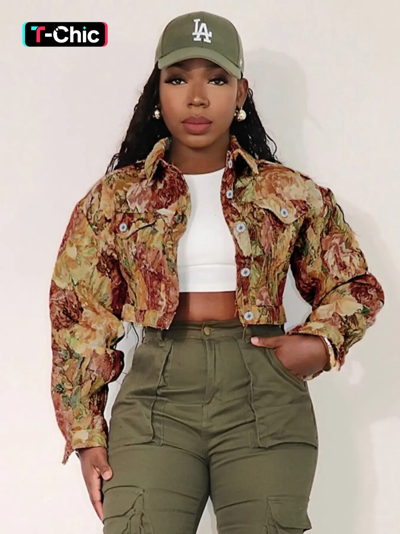 Women's Floral Print Button Front Crop Fitted Jacket, Casual Long Sleeve Collared Fashionable Outerwear for Fall & Winter, Ladies Clothes for Daily Wear Womenswear