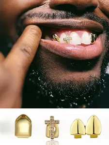 3Pcs Men's Top Teeth Grillz Set, Teeth Cover, Teeth Kit, Micro Paved Zircon Cross Design & Smooth Finish, 14k Gold Plated Copper Hip Hop Fashion Jewelry