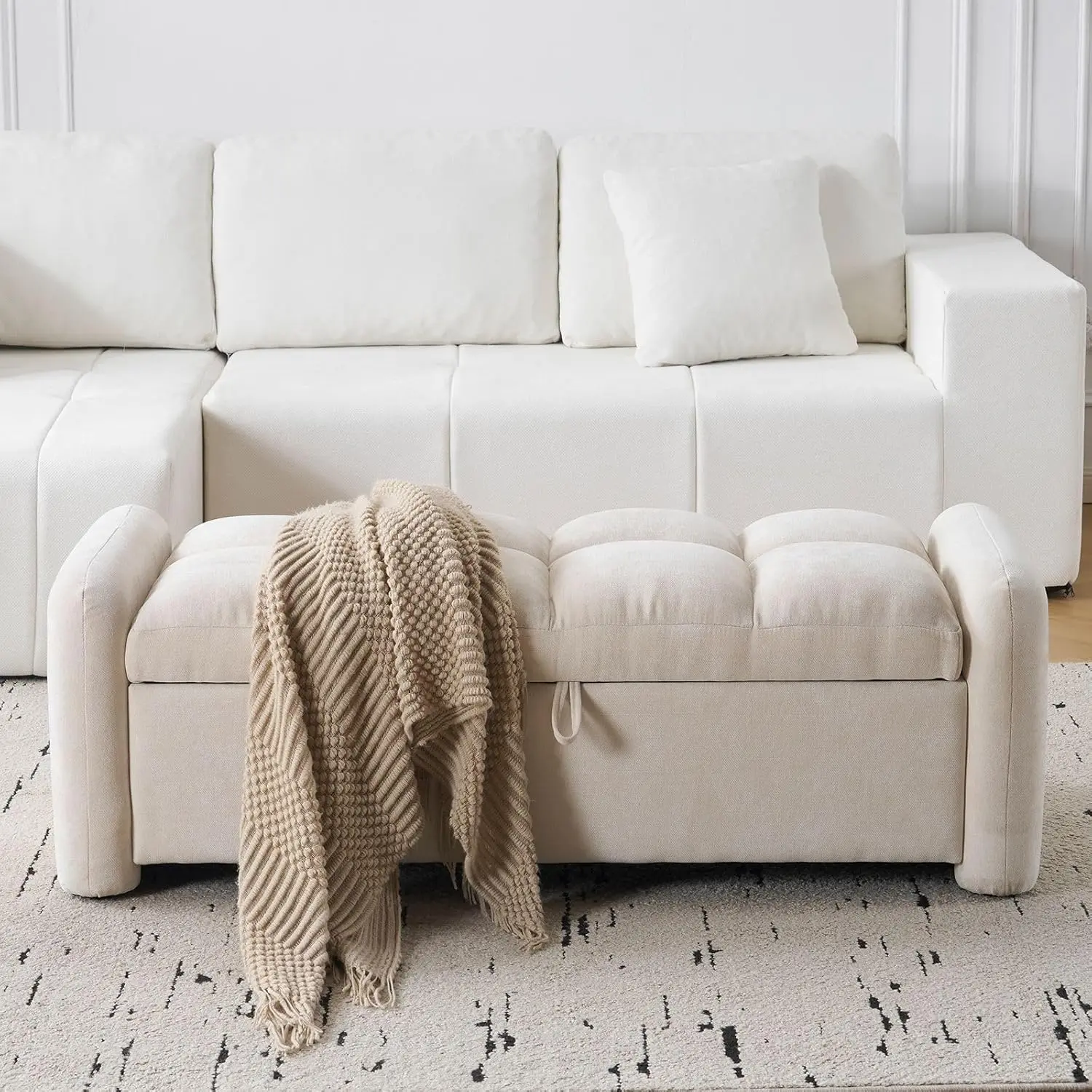 Oversized Beige Chenille Upholstered Storage Ottoman Bench - Cushioned Stool, Easy Assembly Modern Living Room Furniture, Bedroom End-of-Bed Footrest, Living Room Decor