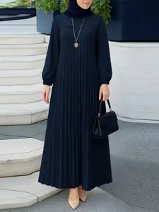 Women's Long Sleeve Lantern Sleeve Round Neck Solid Color Midi Dress, Modest Style Dress, Casual Commuter Wear, Loose-Fitting Daily