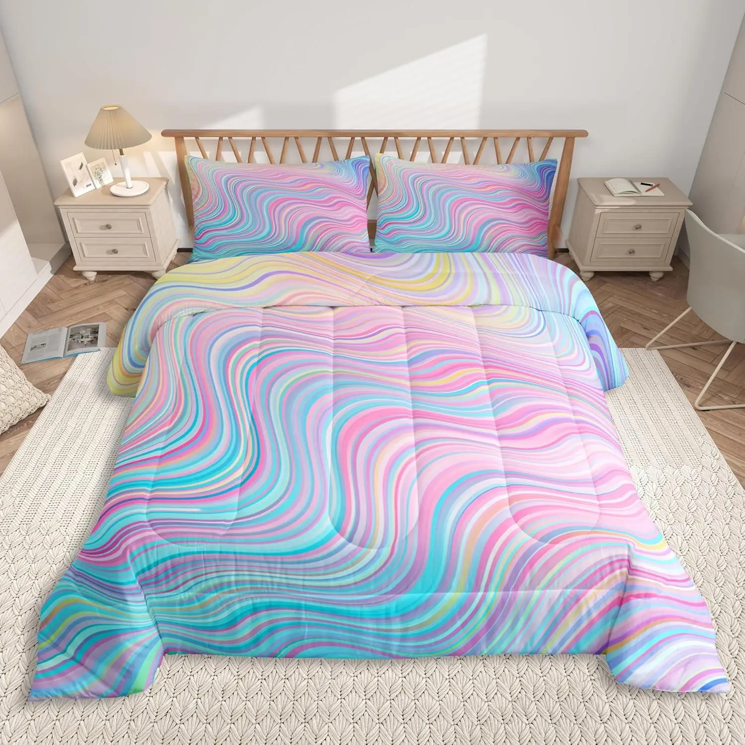Pink Comforter Set Rainbow Stripe Bedding Set Women Die Tye Comforter Breathable Geometric Duvet Princess Decor Quilt,1 Comforter
