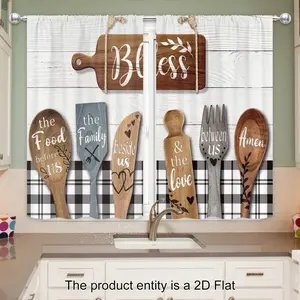 2D Flat - 2D Flat - Set of 2 Flat Cafe Curtains Featuring a Rustic Design with Buffalo Plaid Patterns And Playful Quotes, Perfect for Vintage-Style Home Decor in Kitchens, Offices, Living Rooms, Bedrooms, And Dining Areas