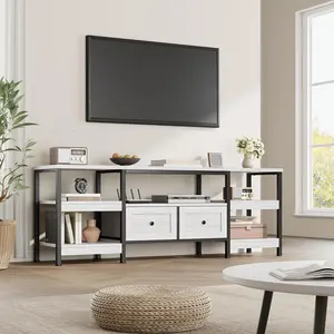 63 in Rustic White Minimalist Modern-Industrial Wood TV Stand, Indoor Entertainment Center with 2 Fabric Drawers, Open Shelves, Metal Frame, 65" Support, Easy Assembly Under 20 Min, Minimalist Tv Stand