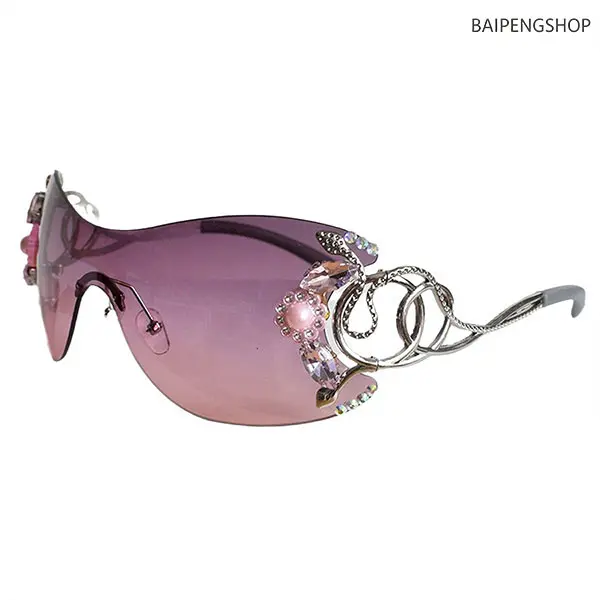Women Oversized Rimless Rhinestone Sunglasses One Piece Gradient Pink Purple Lens Pink Floral Decor Sparkly Mirror Eyewear Lightweight Titanium Frame Unique Funky Stylish Accessory for Daily Party Beach Vacation Ladies