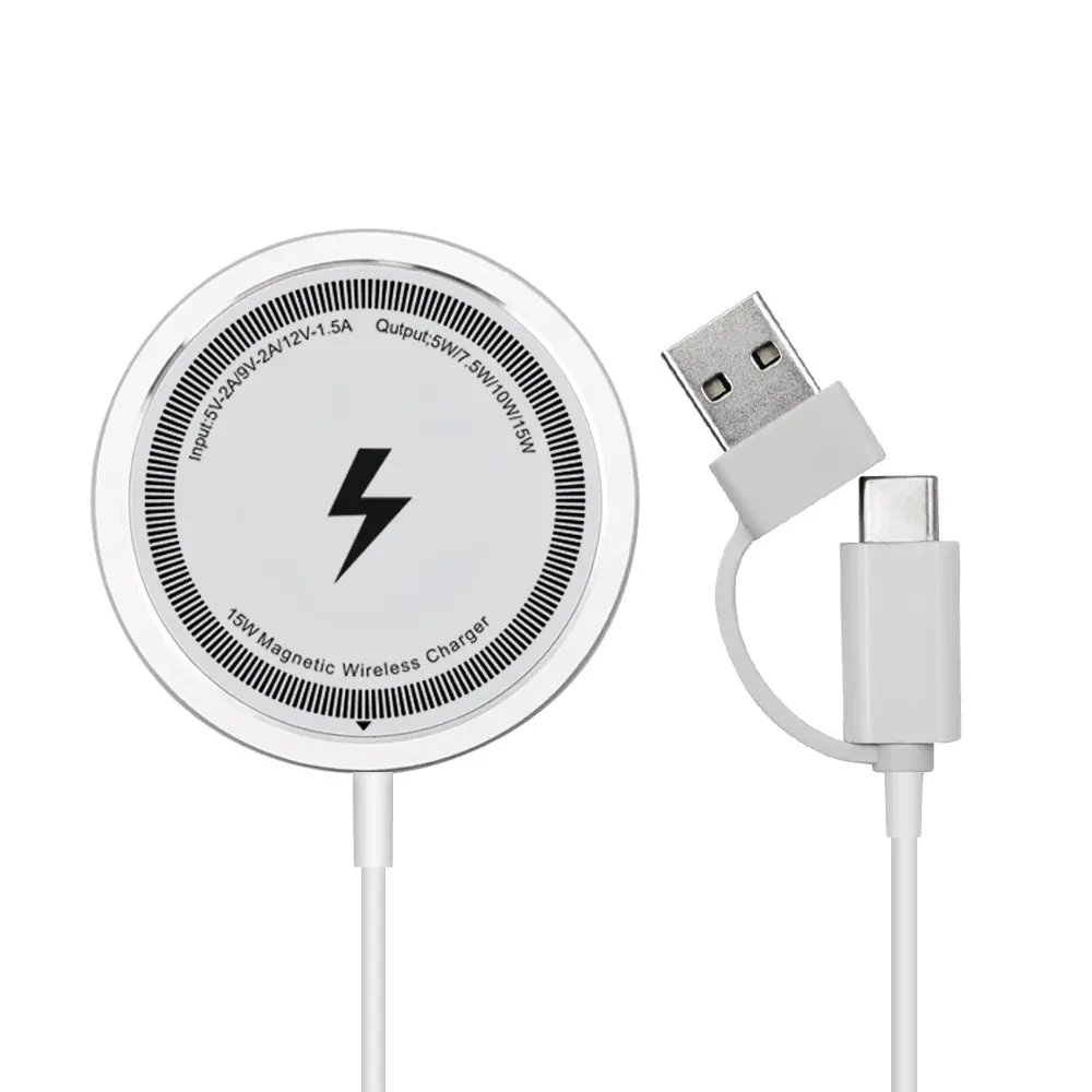 Magnetic Wireless Charger, 15W 2 in 1 Magnetic Wireless Charger, Round Magnetic Wireless Charger Compatible with iPhone, Magnetic Wireless Charging