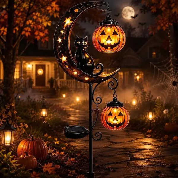 2026 New Waterproof Spooky Solar Halloween Black Cat & Pumpkin Moon Garden Stake Light - Solar Stars Lantern, Dual Pumpkin Design Outdoor Yard Decor, Halloween Gift for Garden Patio, Water Proof