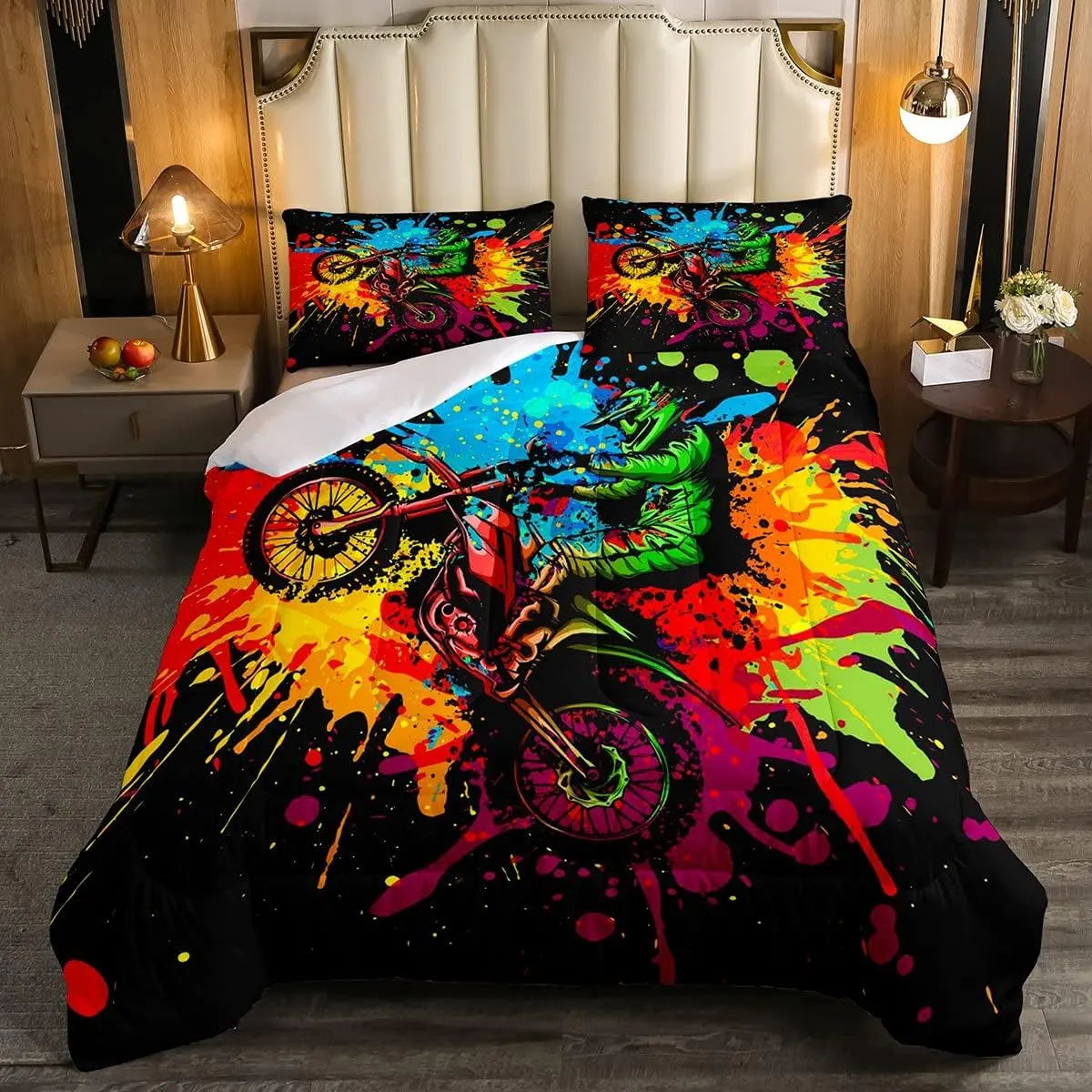 Feelyou Biker Theme Motocross Bedding Set for Boys - Motorcycle Racer Comforter, Extreme Sport Tie Dye Dirt Bike Duvet Insert, Microfiber Blanket, Bedspread, Room Decor, Motocross Pattern, Dirt Bike Print Bedding, Motorcycle And Bike Bedding