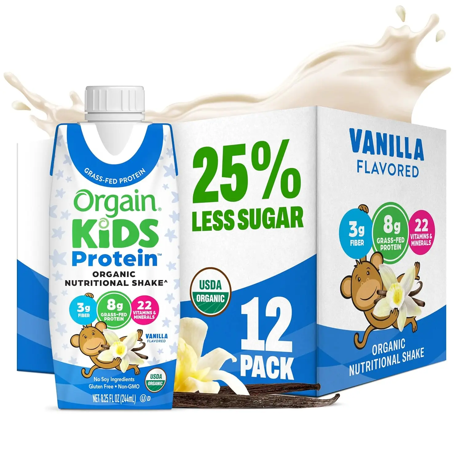 Orgain Organic Kids Dairy 8g Protein Shake, Vanilla, 8.25 oz, 12pk | Nutritional drink, grass-fed protein, 22 vitamins & minerals, 3g fiber, non-GMO, no soy, healthy snack for picky eaters