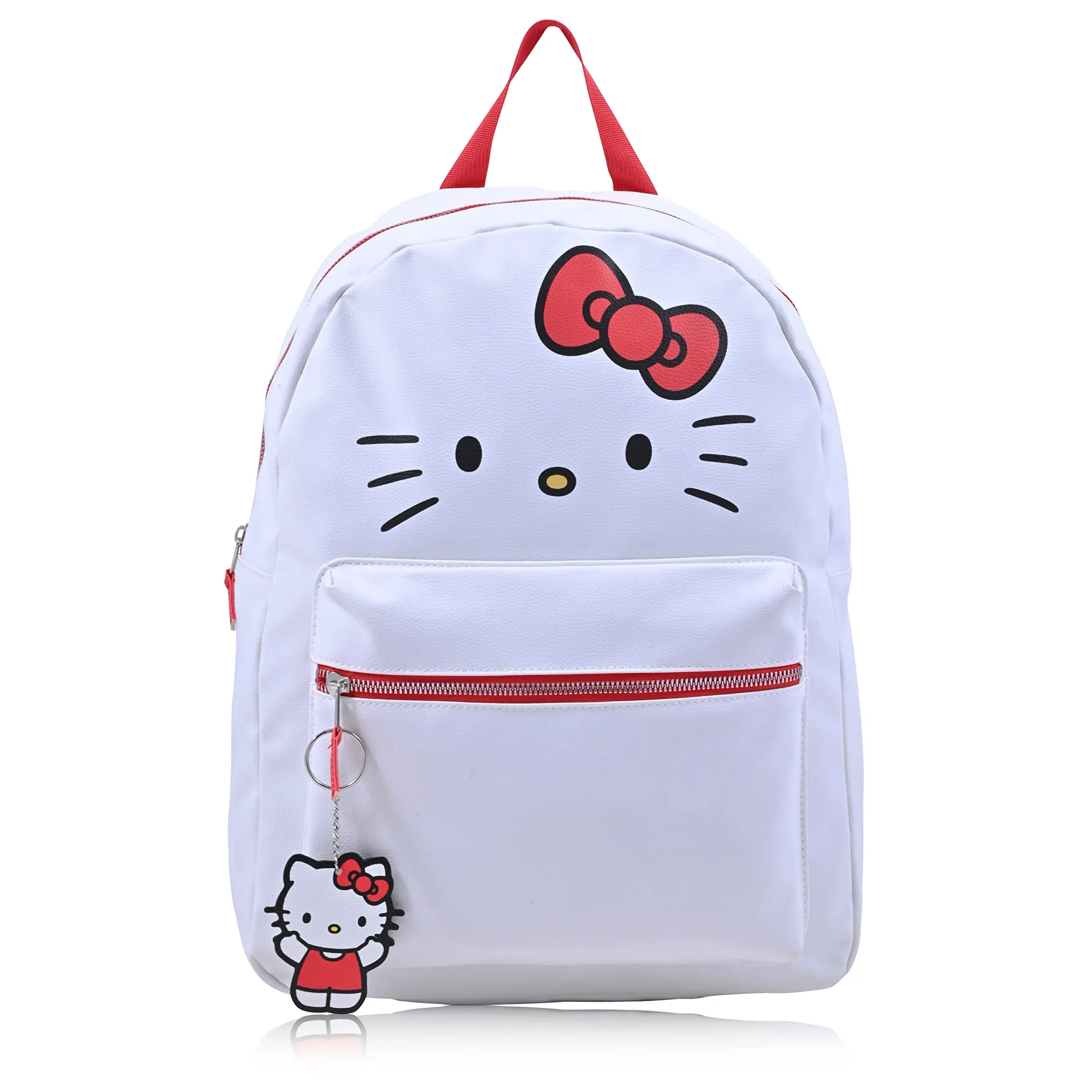 Fast Forward Sanrio Hello Kitty Backpack for Women, Large Faux Leather Bookbag Double Strap Shoulder Bag with 3D Design and Keychain (White-Red)