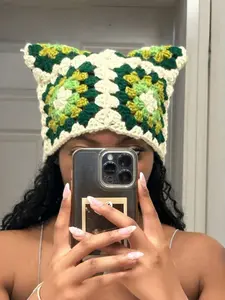 Girls' Knitted Sunflower Beanie Hat, Vintage Hollow Out Cat Ear Design, Sweet Autumn Winter Warm Cap, Ethnic Style, One Piece, Knit Hats