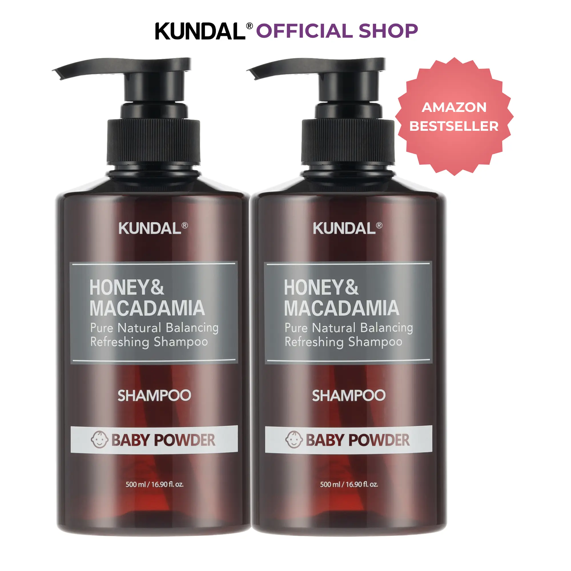 [KUNDAL] Honey & Macadamia Shampoo Duo (33.8 fl.oz. Total) - Signature Baby Powder Scent