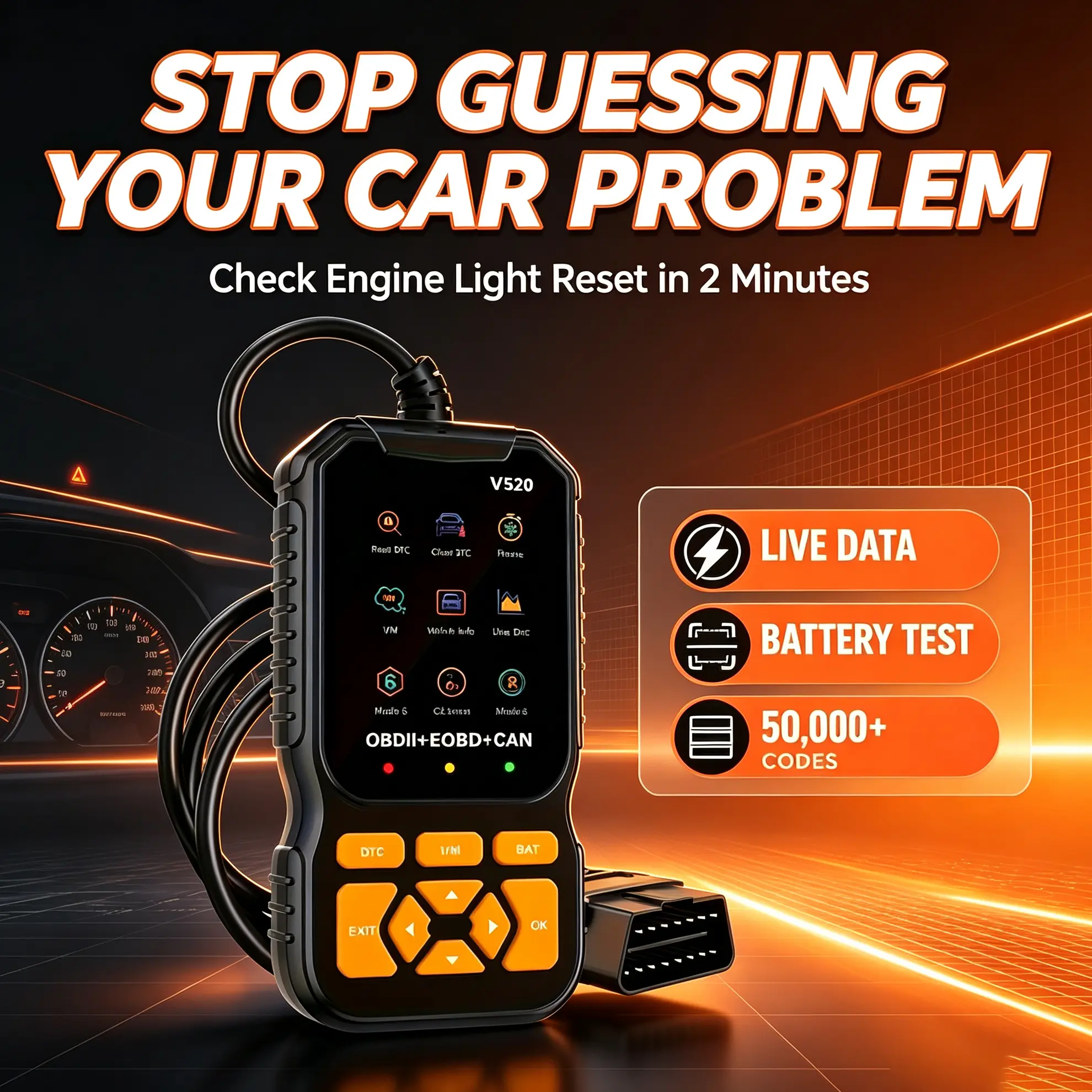 Professional OBD2 Scanner – Diagnose Check Engine Lights Before Costly Repairs, OBDII Code Reader with Live Data, Read & Clear Codes, I/M Readiness & Dual UI Mode