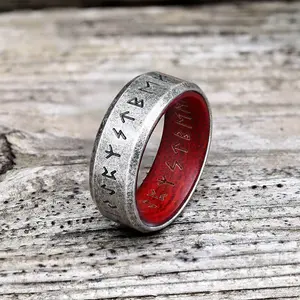 GTHIC Unisex Retro Wood Runes Viking Ring Stainless Steel Statement Jewelry for Daily Wear