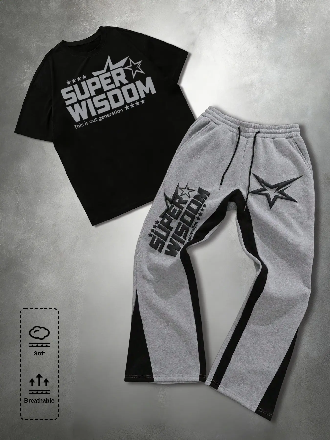 Y2K Retro Star Graphic Tracksuit Set - Oversized Breathable T-Shirt & High Waist Flare Sweatpants 2 Piece Outfits for Streetwear Aesthetic & Casual Daily Wear