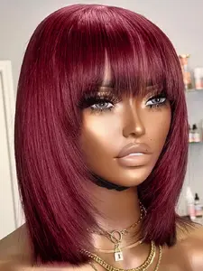 4x4 99J Layered Straight Bob Wig Pre-Cut Lace HD Lace Human Hair Wig with Bangs No Glue Wig Wear&Go