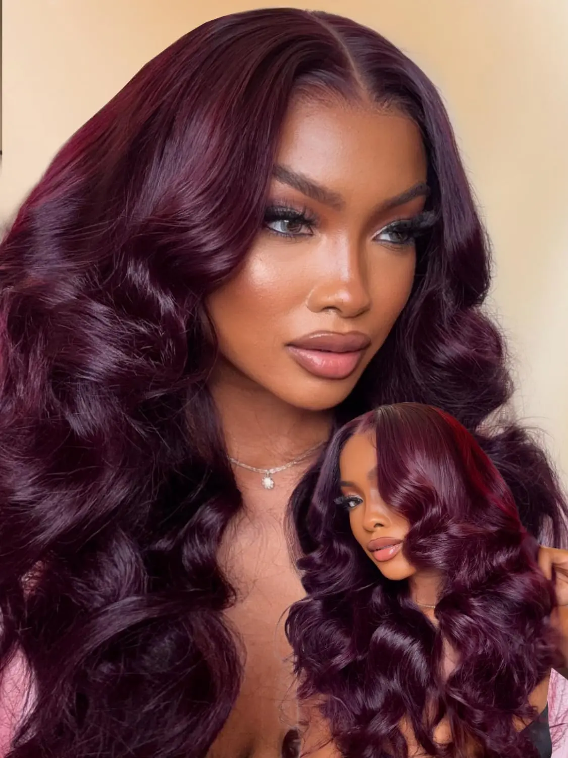 KEPHARE Purple Black Cherry Wear and Go Glueless Wig Human Hair 5x5 HD Lace Closure Wigs Dark Magenta Color Body Wave No Glue with Pre Plucked Hairline 180% Density Lace Front Wig