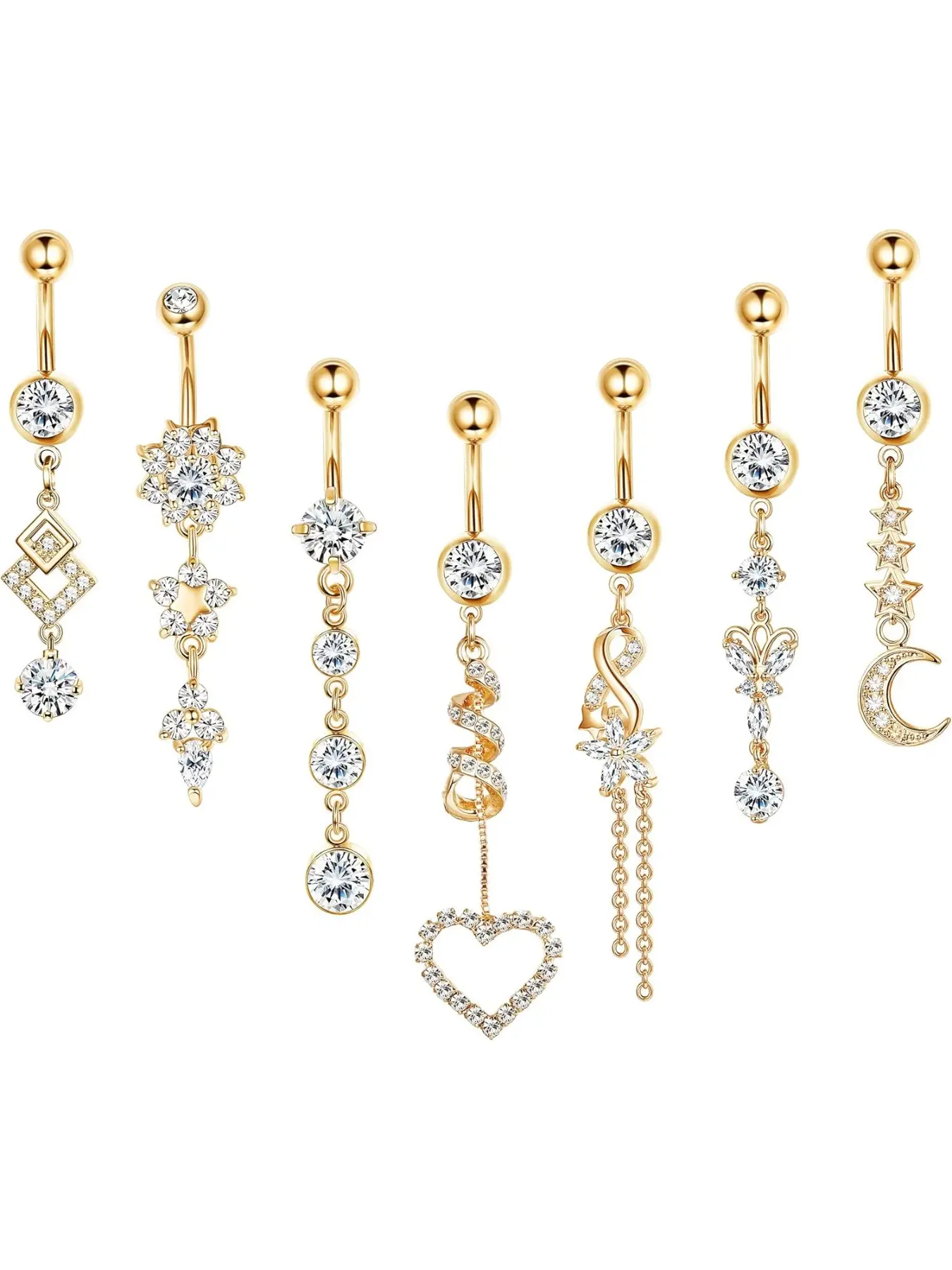 7Pcs 14g Belly Button Rings Dangle 316L Surgical Steel CZ Navel Ring Barbell for Women Body Piercing High Quality Body Jewellery Silver/Gold/Rose Gold
