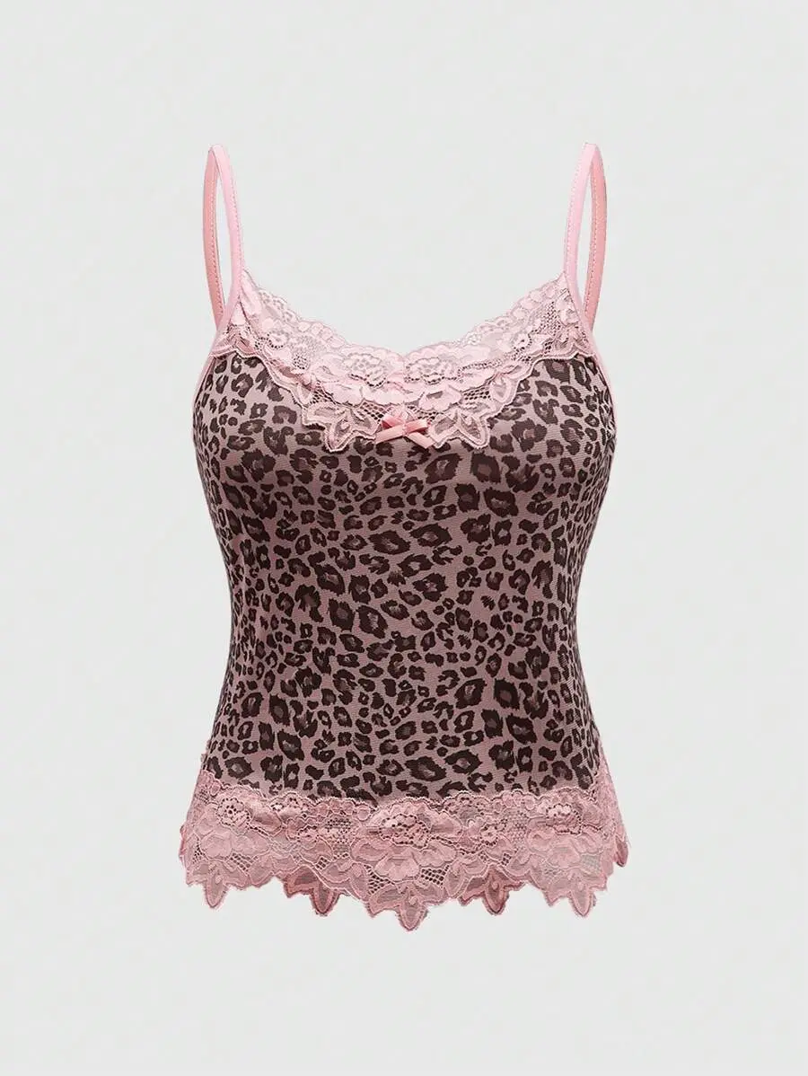 RES J-Fashion Leopard Print Cami | Sexy Lace Trim & Bow Detail Top - Trendy Net Fabric Stretchy Camisole