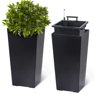 Set of 2 Tall Modern Planter Pots for Indoor and Outdoor - Self-Watering with Drainage Holes, Water Level Monitor, Inner Bucket - Large Garden Flower Pots