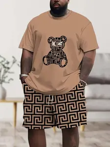 Men's Summer Plus Size Relaxed Fit Round Neck Short Sleeve Pajama Set, 3D Print Teddy Bear Pattern, Casual Home Wear Two-Piece Set with Drawstring