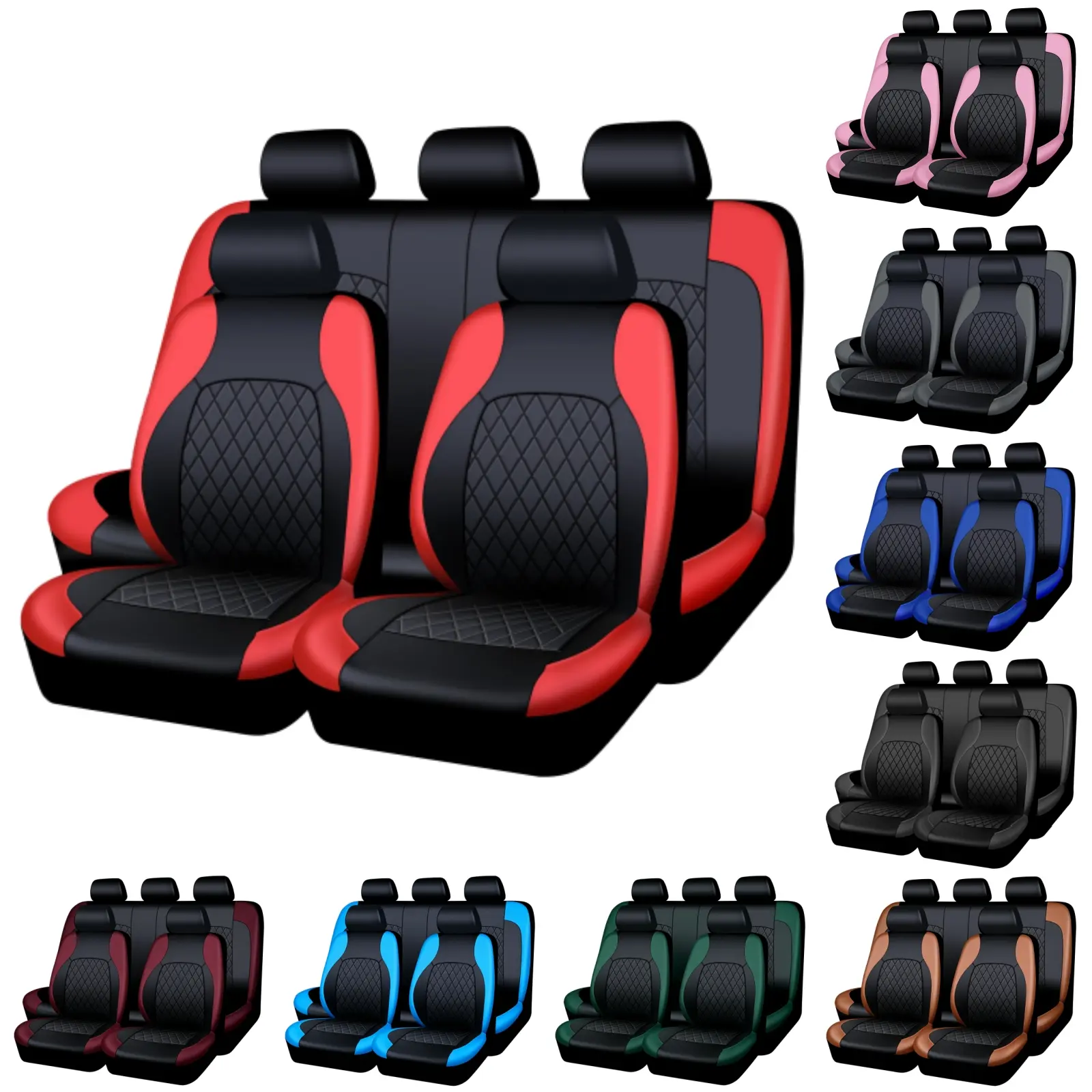 Universal Car Seat Covers 1 Set 5 Seats for Car Front & Rear Seat Covers, PU Leather Waterproof Automotive Seat Protectors, Fits Most Vehicles, Airbag Compatible, Red Black Blue Auto Accessories, Car Interior Accessories