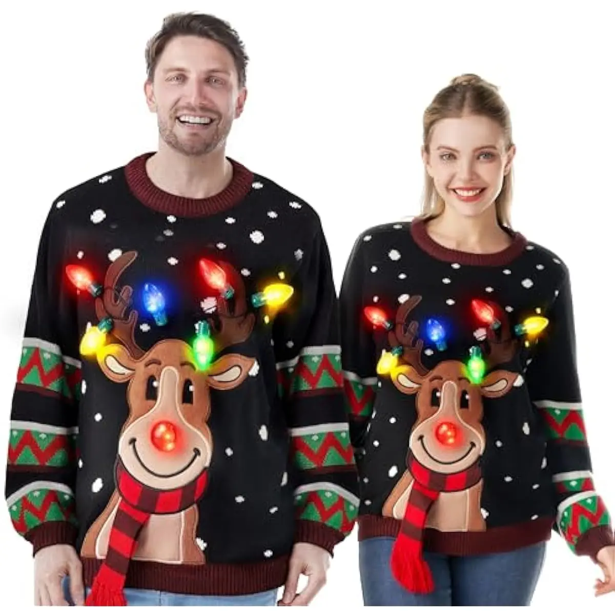 Ugly Christmas Sweater Women Men Couples, LED Light Up Ugly Christmas Sweater Kids 2025 Reindeer(Black