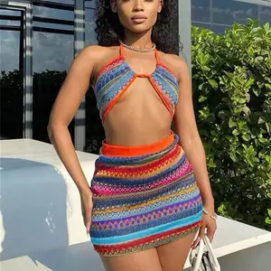 Rainbow Knitted Two-Piece Set for Women's - Bright Colors for Spring and Summer