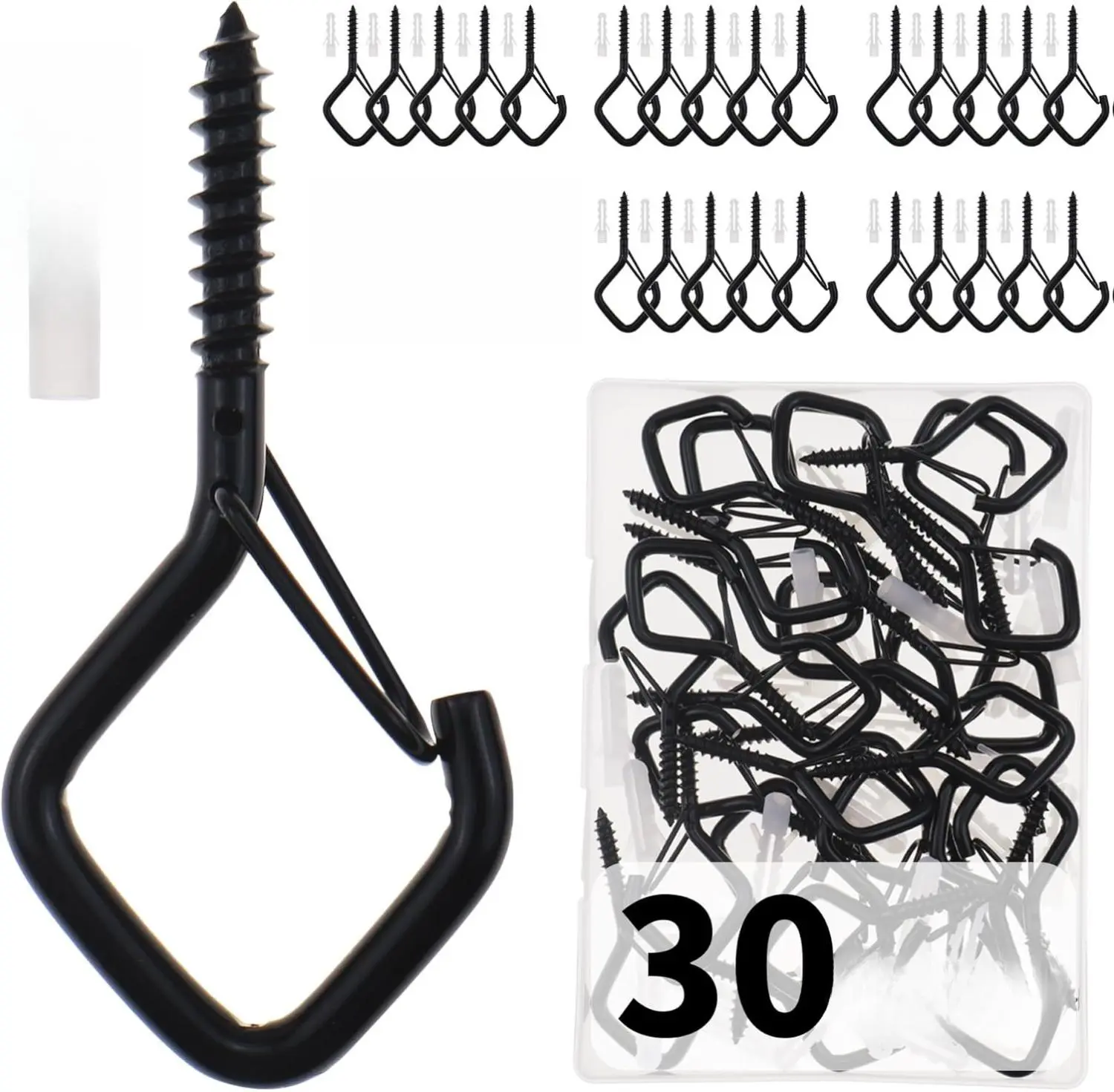 30PCS Screw-In Cup Hooks with Safety Buckle - 2.2x1 inch Windproof Fasteners, 30PCS Drywall Anchors, Easy-Install Hangers for Christmas Decorations, Outdoor Lights, Ceiling & Wall Mount Hardware