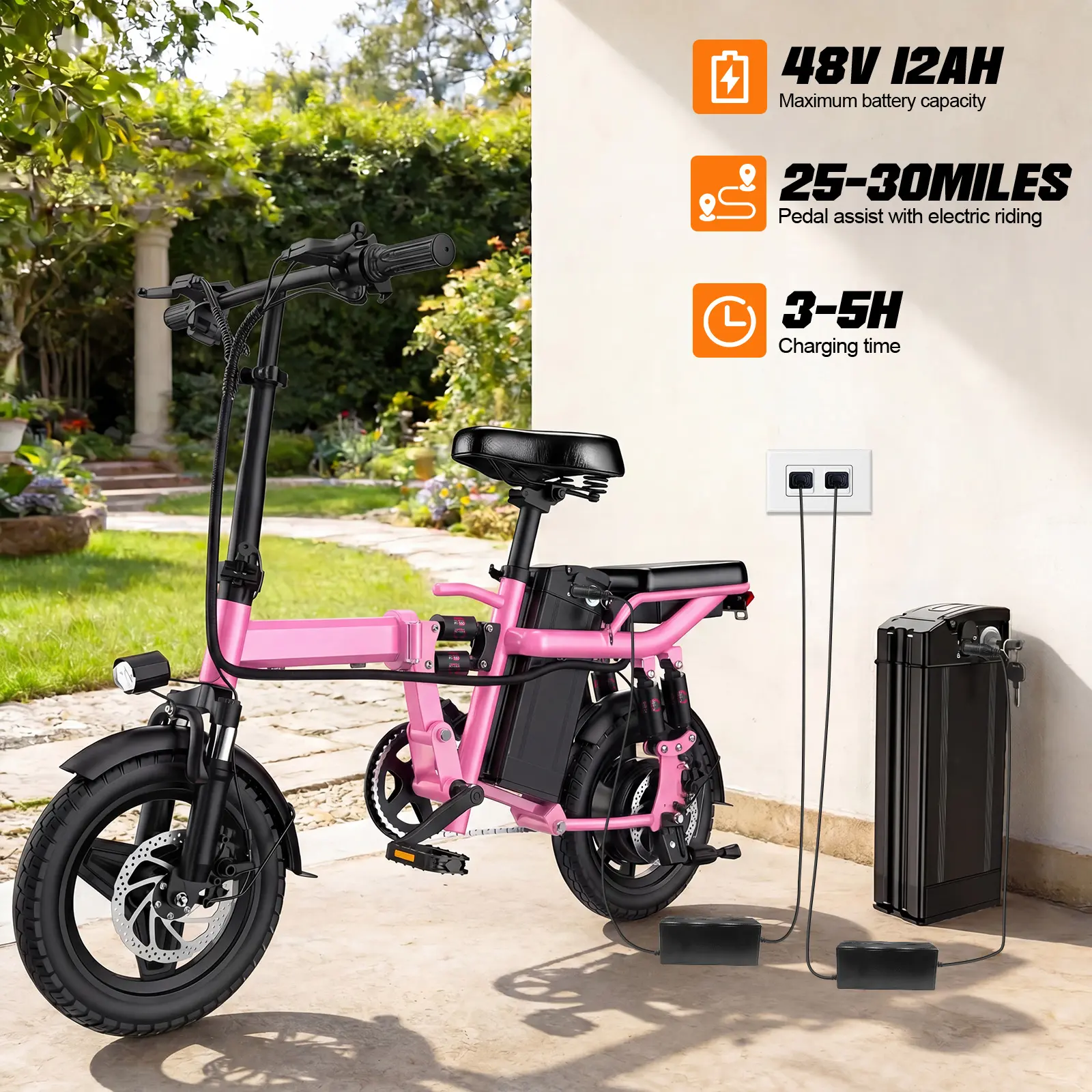 Terrosor Adult Electric Folding Fat Tire Ebike - 740W Motor, 8-Level Shock Absorption, 48V 12Ah Battery,24MPH, 20-mi Range, 14" Fat Tires, Dual Suspension for Road & Mountain Riding