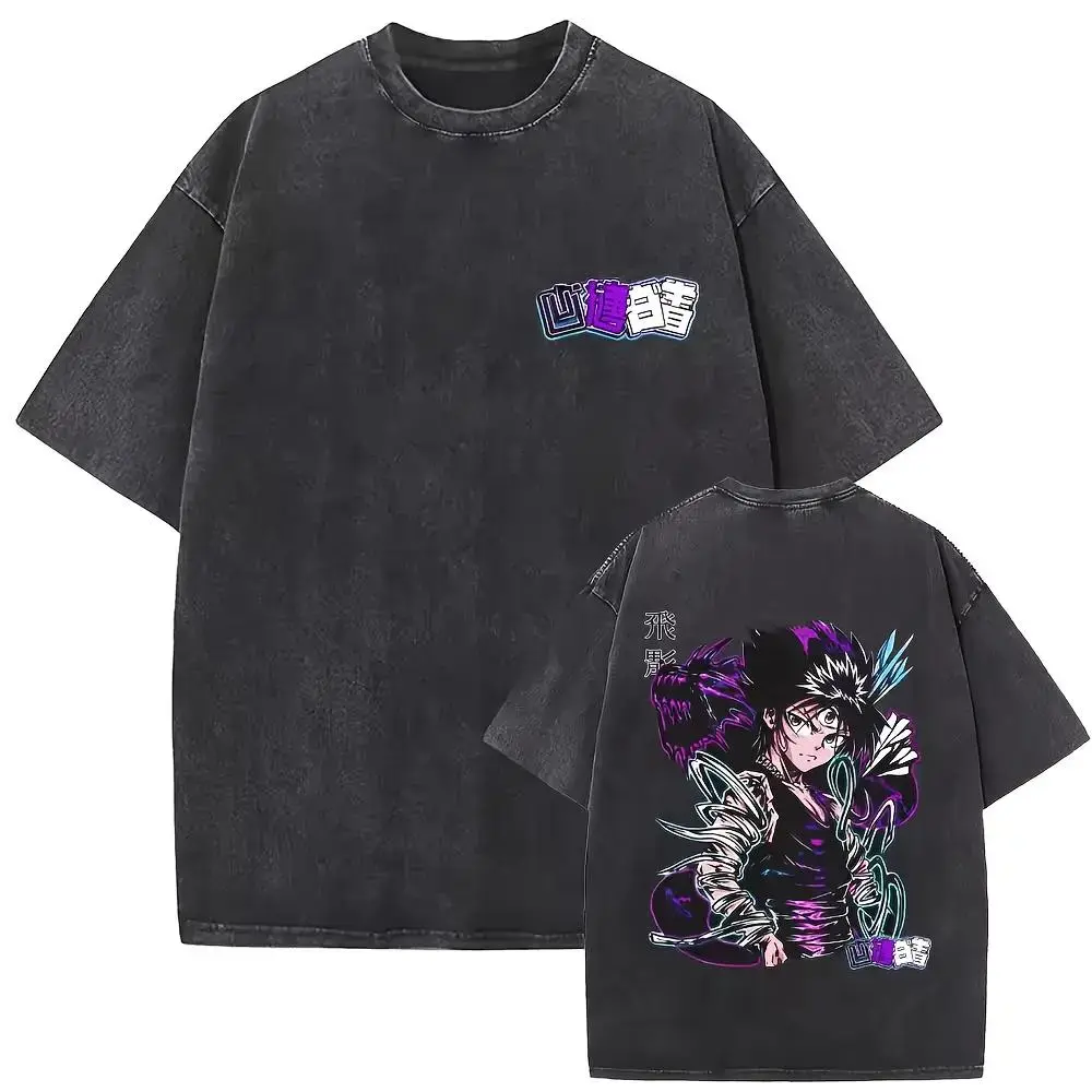 Wanted YuYu Hakusho Kurama Hiei Yusuke Kuwabara Vintage Washed T Shirt Men Anime Cartoon Oversized T-shirt Male Retro T-shirts 12 Menswear Top