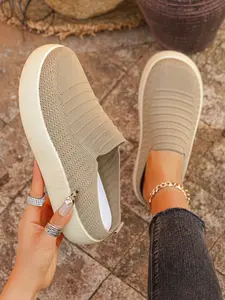 Women's Knitted Thick Sole Slippers, One-Step Lazy Walking Shoes, Comfortable Breathable Fashion Casual Shoes for Daily Wear