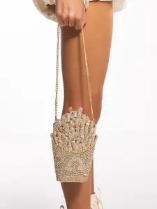 Women Trendy French Fries Shaped Rhinestone Clutch Purse Sparkling Crystal Evening Bag Prom Party Handbag