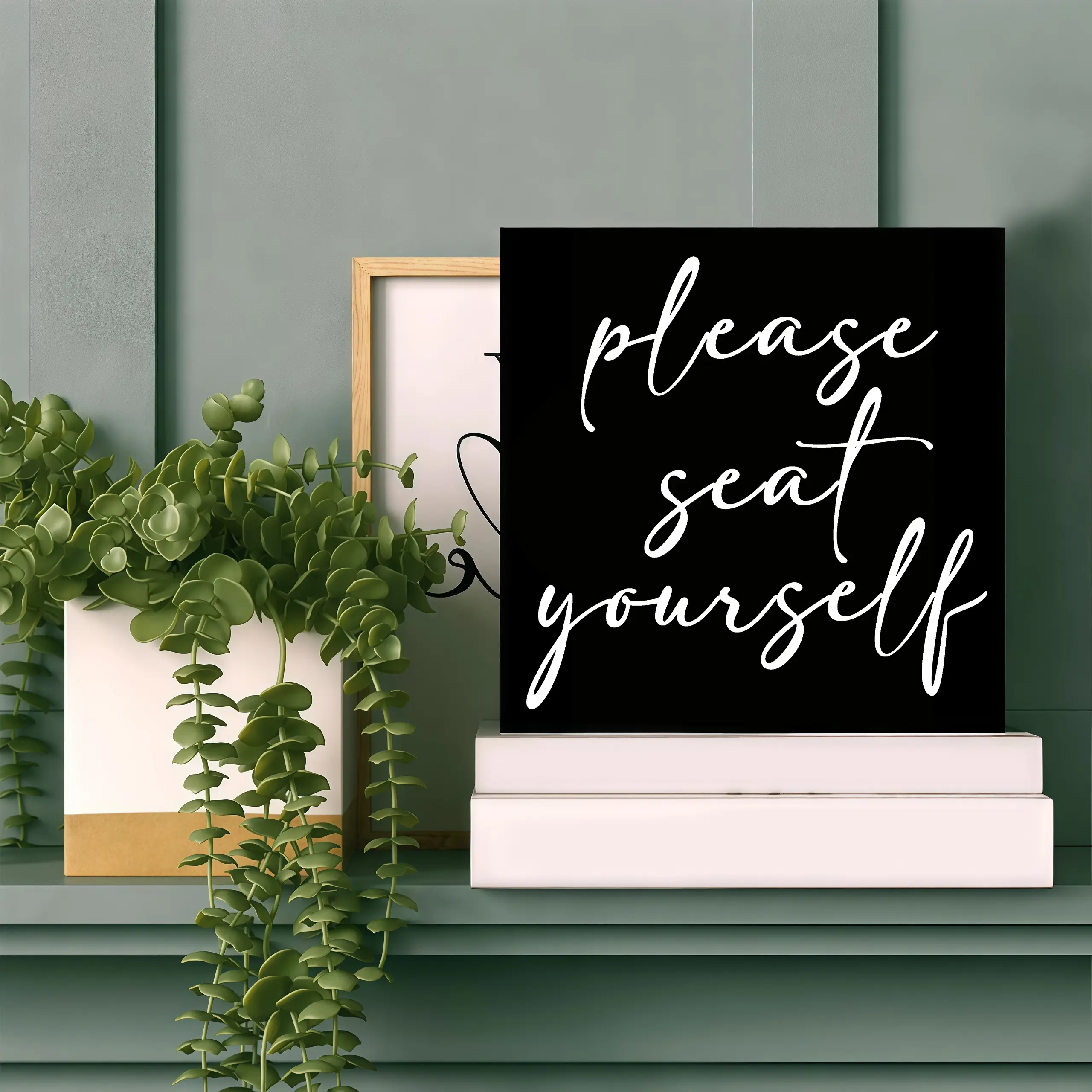 Black Square Wooden Block Sign with Cursive Calligraphy "Please Seat Yourself" - Farmhouse Bathroom Powder Room Decor Plaque, Tabletop Gift for Housewarming, Nursery & Study Accent