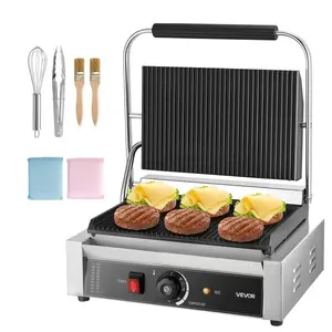 VEVOR Commercial Panini Grill,  , 1800W Electric Sandwich Panini Maker, Stainless Steel Sandwichs Press with Handle and Temp Control, 13.5x9.3 in Full Grooved Enamel Plate, for Hamburger Steak Bacon