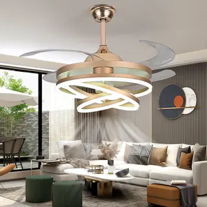 42" Invisible Ceiling Fan Chandelier Light,Modern DIY Ceiling Fan Light Remote Control 4 Retractable ABS Blades for Bedroom Living Dining Room Decoration